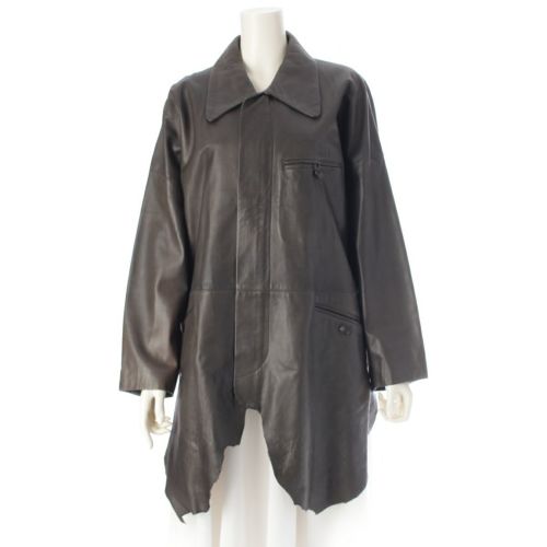 イッセイミヤケ 92AW ラムレザー 裁ち切り ロング ジャケット アウター IM23-LD003 ブラック M