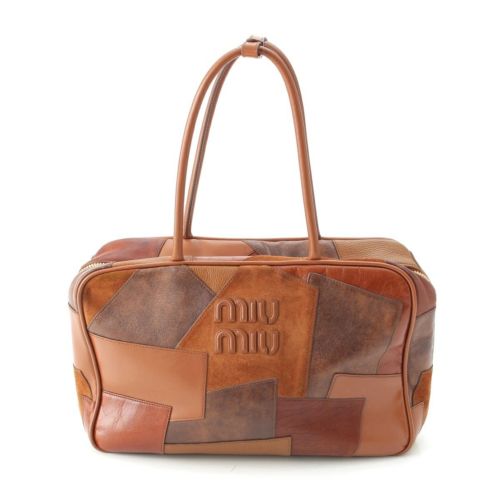 ミュウミュウ レザー パッチワーク トートバッグ ハンドバッグ 5BB117 コニャック ブラウン