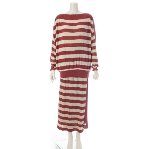 イッセイミヤケ 70s-80s オールスタイル リネン混 ボーダー 変形 ニット ロング スカートセットアップ ベージュ バーガンディ F