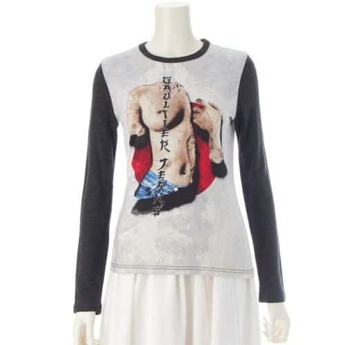 ジャンポールゴルチエ アクリル ウール ジーンズ 漢字風 プリント 長袖Ｔシャツ トップス ブラック×ホワイト 40