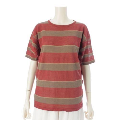 イッセイミヤケ リネン 初期 刺繍 変形 ドルマンスリーブ マルチボーダー トップス レッド