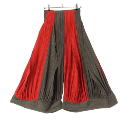 イッセイミヤケ 90s 90年 プリーツ 太ストライプパンツ CURVED PANTS カーブ パンツ カーキ