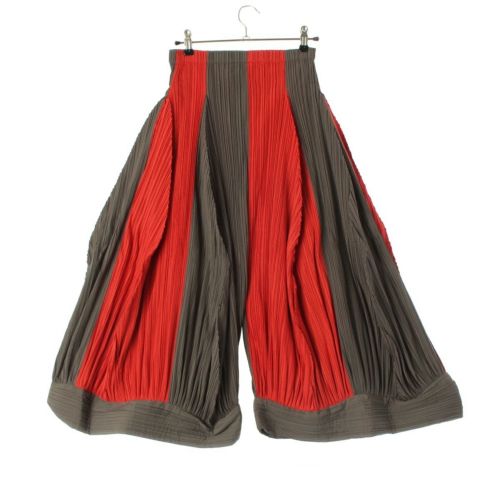 イッセイミヤケ 90s 90年 プリーツ 太ストライプ CURVED PANTS カーブ パンツ カーキ オレンジ M