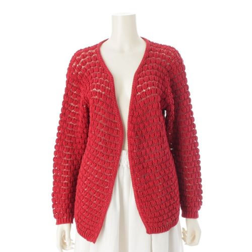 イッセイミヤケ 70-80s コットン リネン オールスタイル 貝殻編み 変わり編み ニット カーディガン トップス レッド ワンサイズ