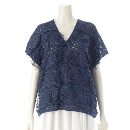 イッセイミヤケ 80s 1981年 麻 筆タグ ノースリーブ フリンジ 変形 トップス ニット ネイビー M