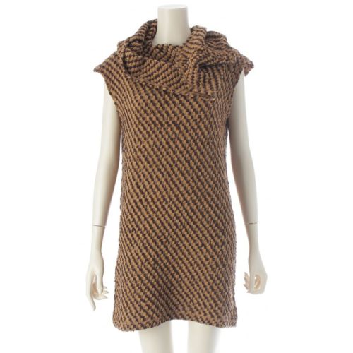 イッセイミヤケ 80s 1984年 コットン 筆タグ 変形 平面 フーデッド ニット ワンピース ブラウン ベージュ 9