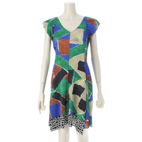 イッセイミヤケ ポリエステル 総柄 ノースリーブ ワンピース トップス PP51-JH642 グリーン 2