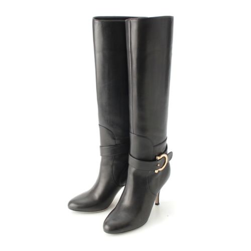 サルヴァトーレフェラガモ ガンチーニ レザー ゴールド金具 ブーツ ヒール シューズ ロング ブラック 5