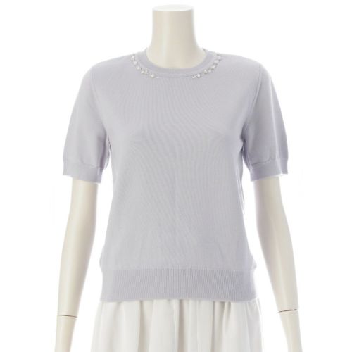 フォクシー 23年 カシミヤ シルク ミューズトップス ビジュー 半袖 ショルダーパッド ニット 43963 ラベンダーグレー 38