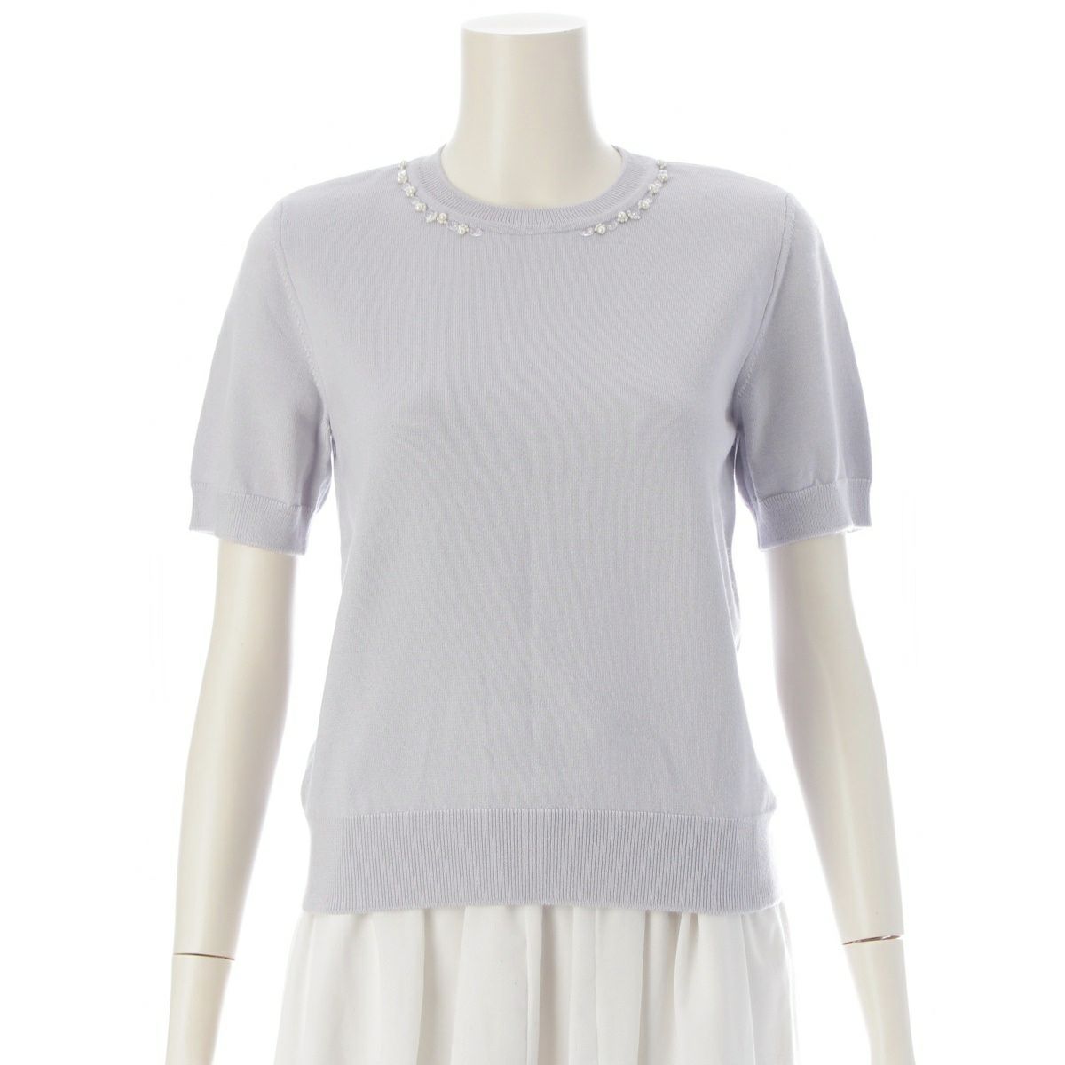 フォクシー 23年 カシミヤ シルク ミューズトップス ビジュー 半袖 ショルダーパッド ニット 43963 ラベンダーグレー 38