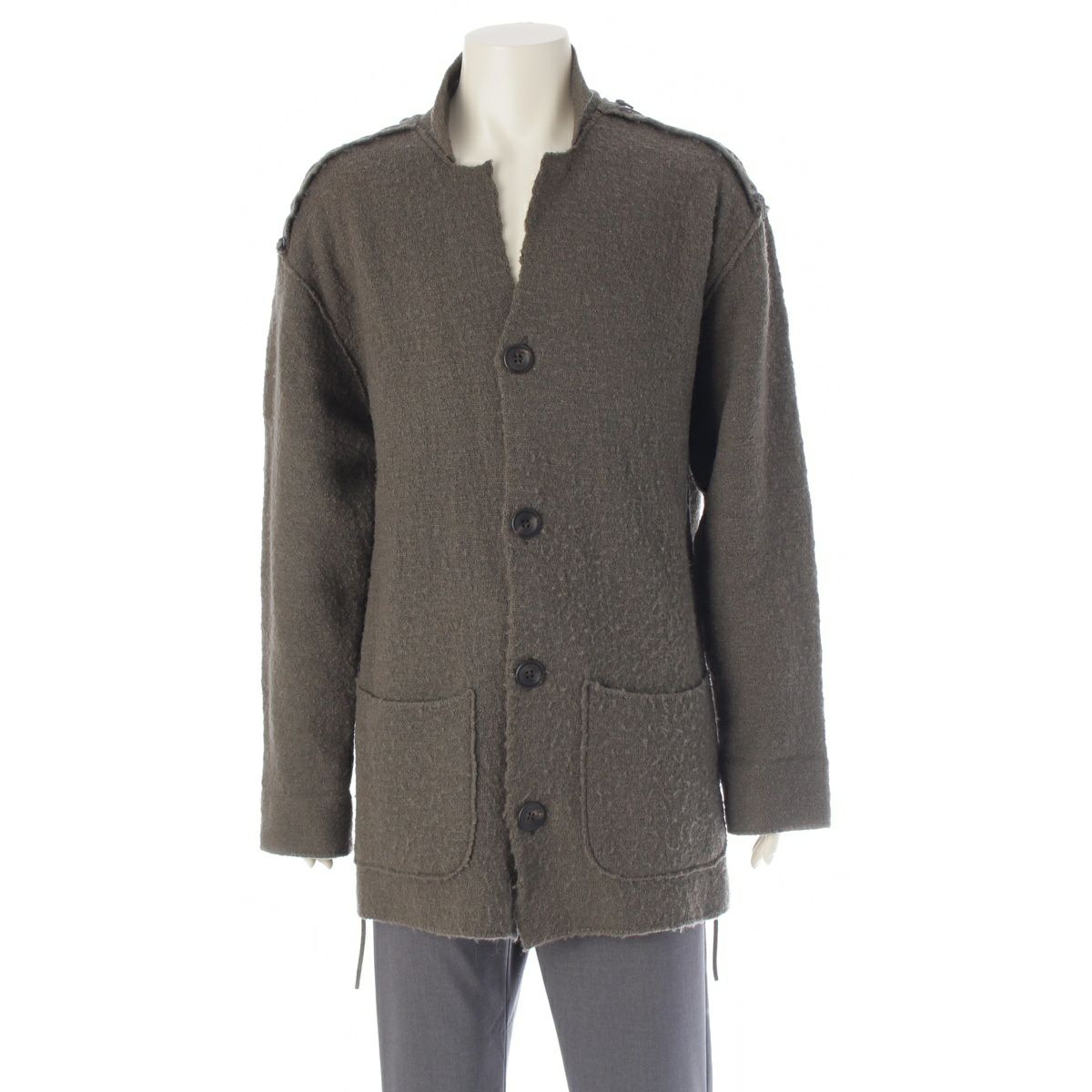 イッセイミヤケ 93AW ウール レザー編み込み 縮絨 ニット ジャケット カーディガン 羽織 アウター グレー 4