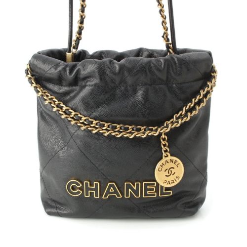 シャネル 22 キャビアスキン ミニ チェーン ロゴ ゴールド金具 2WAY ショルダー ハンドバッグ ランダム番 AS3980 ブラック