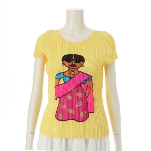 プリーツプリーズ イッセイミヤケ 民族 人物 刺繍 クルーネック 半袖 カットソー トップス PP81-JK931 イエロー 3