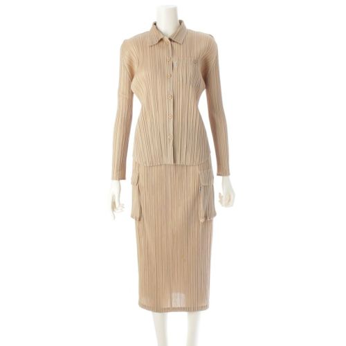 プリーツプリーズ イッセイミヤケ ロゴタブデザイン トラッカージャケット カーゴポケット スカートセットアップ PP61-JJ123/JG126 ベージュ 3