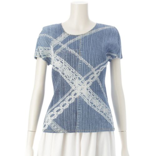 プリーツプリーズ イッセイミヤケ デニム転写 クロスチェーンモチーフ 半袖 クルーネック トップス トップス PP61-JK601 アイスブルー ホワイト 3