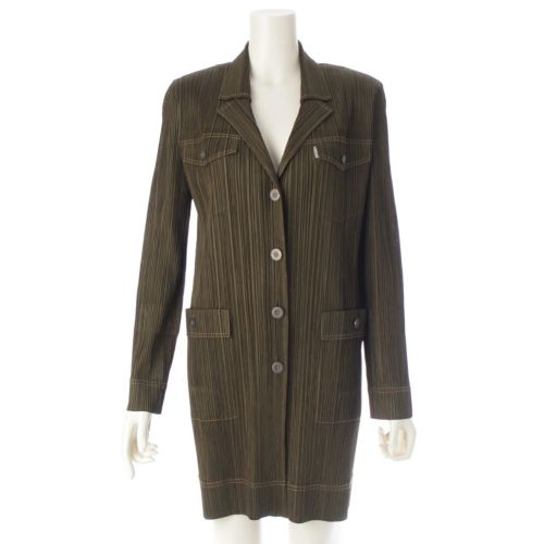 プリーツプリーズ イッセイミヤケ ステッチデザイン ショルダーパッド メタルボタン カバーオール ロング コート PP73-JA426 モスグリーン 3