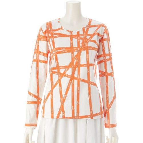 エルメス コットン ボルデュック リボン柄 ロゴ カットソー 長袖Ｔシャツ ホワイト × オレンジ