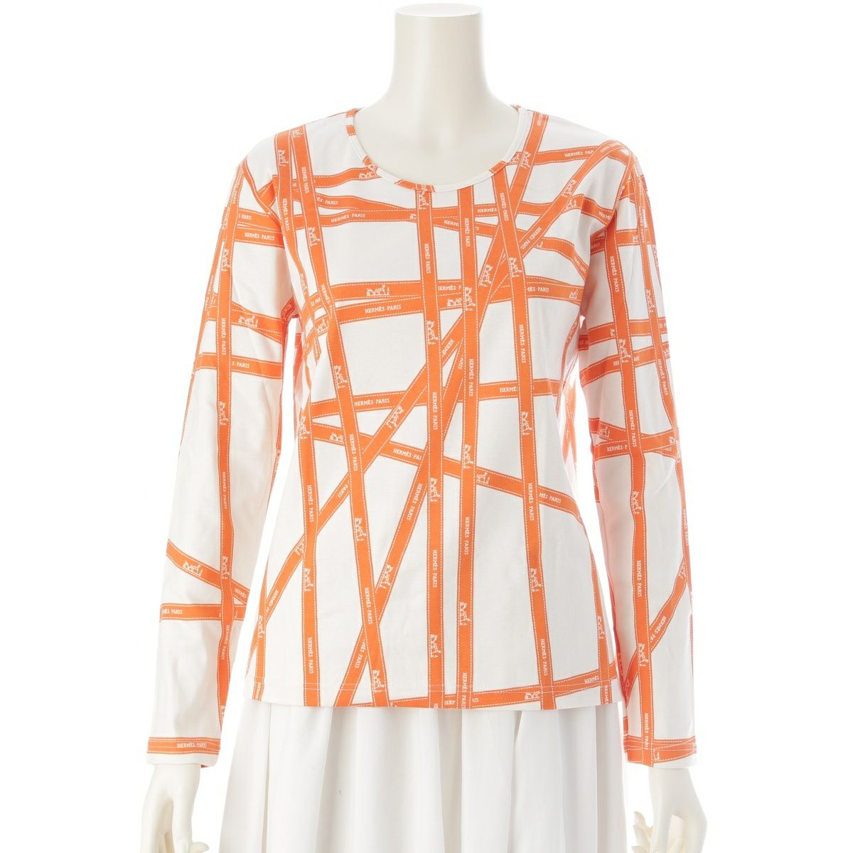 エルメス コットン ボルデュック リボン柄 ロゴ カットソー 長袖Ｔシャツ ホワイト × オレンジ