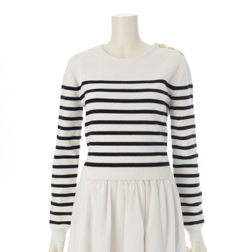 ヴァレンティノ カシミヤ ロゴボタン ボーダー クロップドトップス マリン　 ニット 1B3KC37D7E9 ホワイト ネイビー S