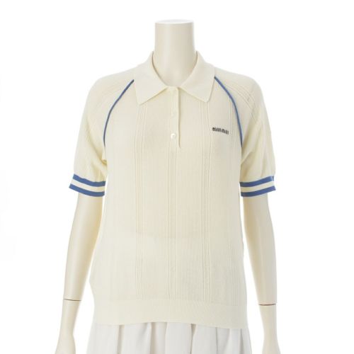 ミュウミュウ 25SS コットン パイピング ロゴ 半袖 ポロシャツ MMLB39 オフホワイト ブルー 38