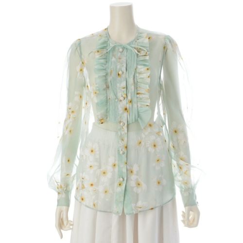 ヴァレンティノ 25AW シルク フローラルプリント リボン ラッフル ブラウス 長袖 シャツ トップス ミントグリーン 38