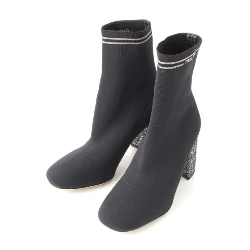 ミュウミュウ 刺繍 ロゴ ラメ グリッターヒール ソックス ショート ブーツ シューズ ブラック 34 1/2