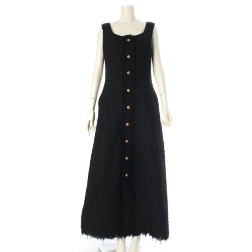 ブラミンク 金ボタン 前開き ツイード Aライン ノースリーブ ロング ワンピース ドレス 7926-230-0312 ブラック 38
