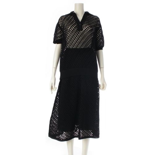 ドゥロワー 23年 コットン 7G クロシェ アイレット 半袖 ニット ポロシャツ スカートセットアップ 6518-199-0504 / 6524-199-1714 ブラック