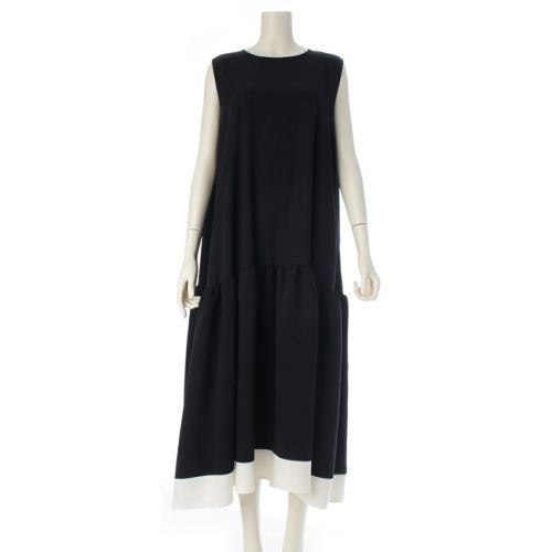 ヨーコチャン 24SS ヘムフレア ロング ノースリーブ ワンピース ドレス YCD-124-876 ネイビー ホワイト 38