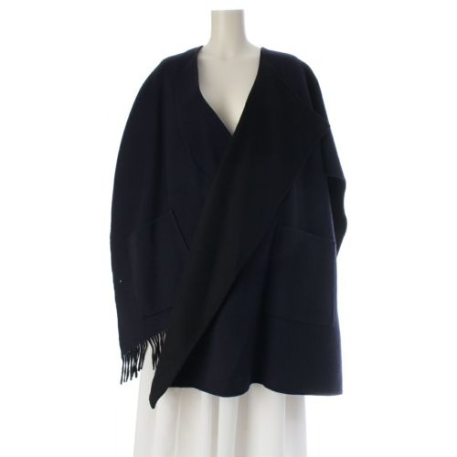 ドゥロワー ウール フリンジ リバーシブル バイカラー ポンチョ ラップケープ コート トップス 6525-299-0881 ネイビー ブラック