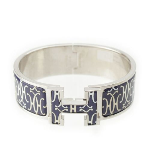 エルメス エマイユ クリックH ラージ ブレスレット 総柄 バングル ネイビー×シルバー