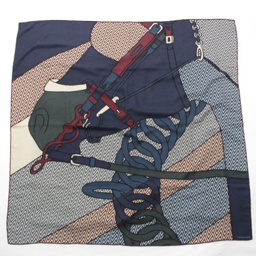 エルメス シルク×カシミヤ カレ Harnais de ca cabriolet スカーフ ネイビー系