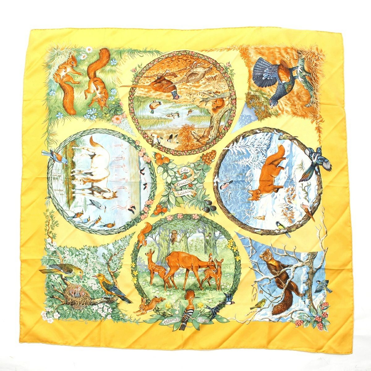 エルメス カレ90 シルク Les Quatre Saisons 四季 スカーフ イエロー