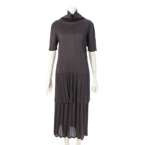 プリーツプリーズ イッセイミヤケ 千鳥柄 半袖チュニック ロング スカートセットアップ PP23-JT705/PP23-JG701 ブラウン ブラック 3