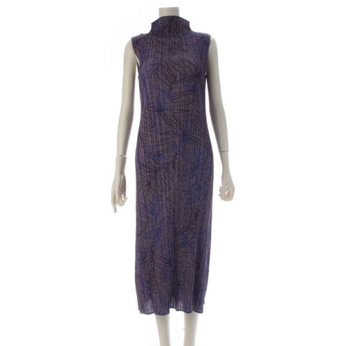 プリーツプリーズ イッセイミヤケ 総柄 ボトルネック ロング ノースリーブ ワンピース ドレス PP51-JH924 パープル 3