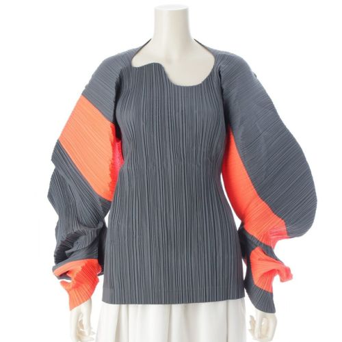 イッセイミヤケ 90s 91SS 変形 CURVED PLEATES カーブプリーツ 平面 二次元 プルオーバー トップス オレンジ チャコール L