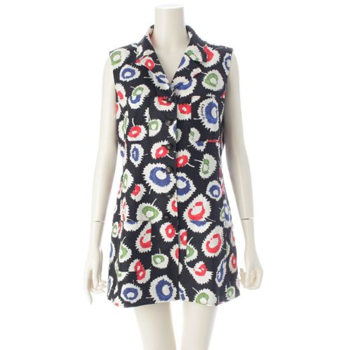 シャネル 97S S/S リネン ココボタン ロゴ 総柄 リネン ノースリーブ ワンピース P09006 マルチカラー 42