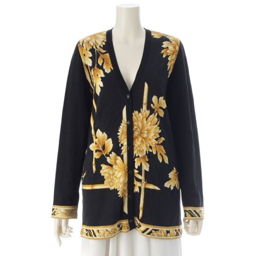 レオナール ファッション コットン 花柄 バンブー 肩パッド カーディガン トップス 0397234 ブラック×ゴールド LL