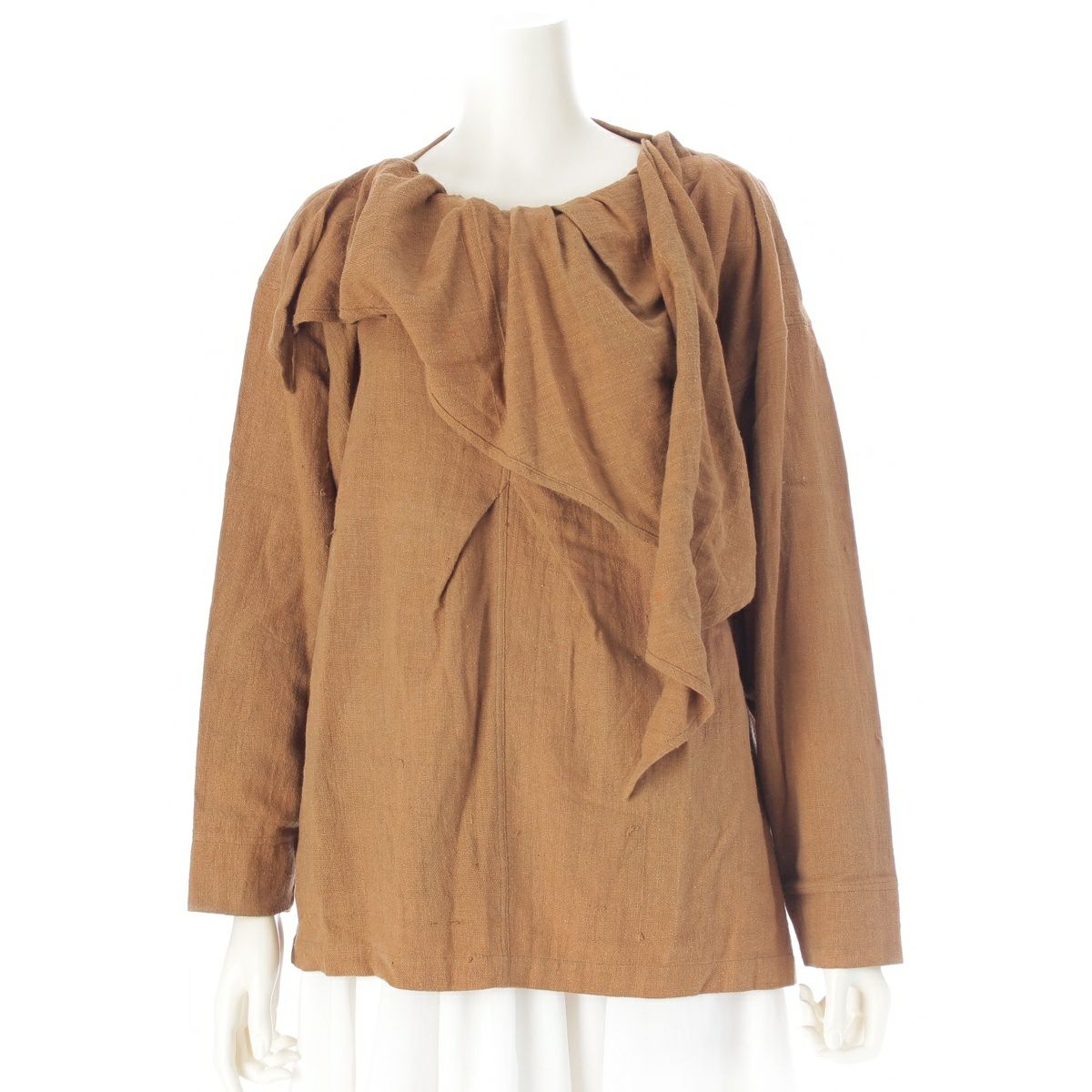 イッセイミヤケ 80s 1983年 コットン 筆タグ スカーフ 変形襟 ネップ プルオーバー ブラウス トップス MG14113 オーカー系 9