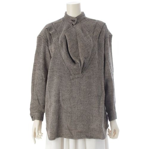 イッセイミヤケ 80s 1982年 リネン シルク ウール 初期 単色タグ 変形 襟 ドレープ トップス JV13242 ベージュ ブラック系 9