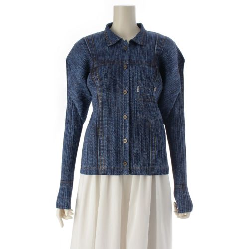 プリーツプリーズ イッセイミヤケ デニム転写 メタルボタン 半袖トップス ジャケット アンサンブル インディゴ 3/4