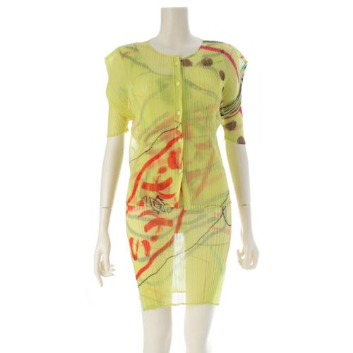 プリーツプリーズ イッセイミヤケ 総柄 マルチ グラフィック 半袖カーディガン ノースリーブ ワンピースセットアップ PP12-JJ426 PP12-JK422 イエロー系 4