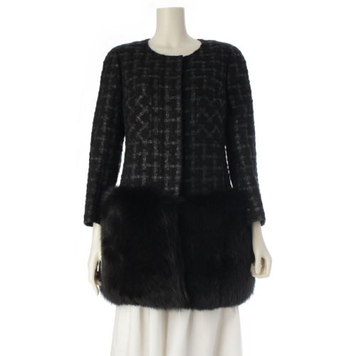 ルネ 17年 ウール ツイード フォックスファー ノーカラージャケット 6743800 ブラック 36