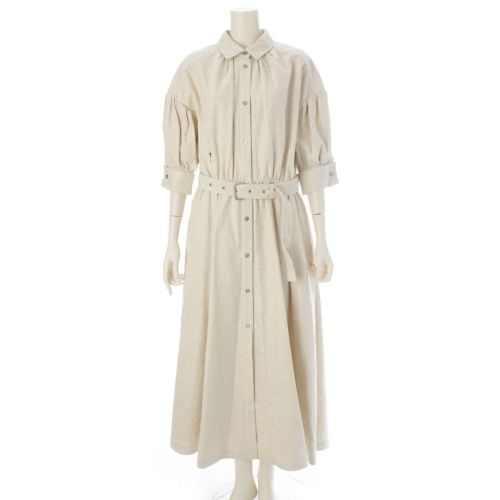 ディオール 25SS オブリーク コットン メタリックロゴ ビー刺繍 フレア ミディ ドレス ワンピース 512R43A3027 オフホワイト ゴールド 44