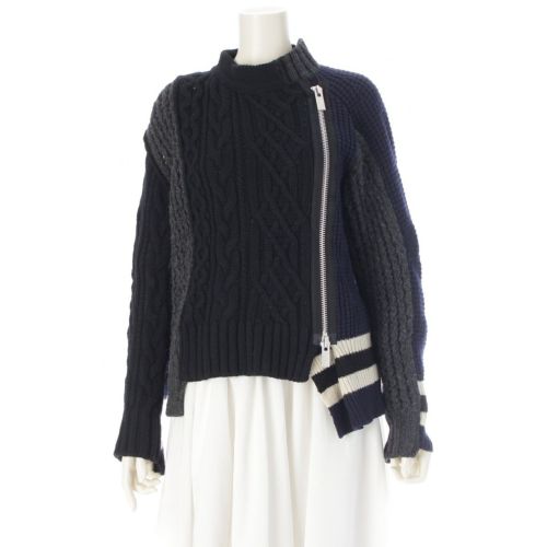 サカイ 18年 Asymmetry Knit ウール ジップアップ ニット ジャケット アウター 18-04025 ネイビー×グレー系 1