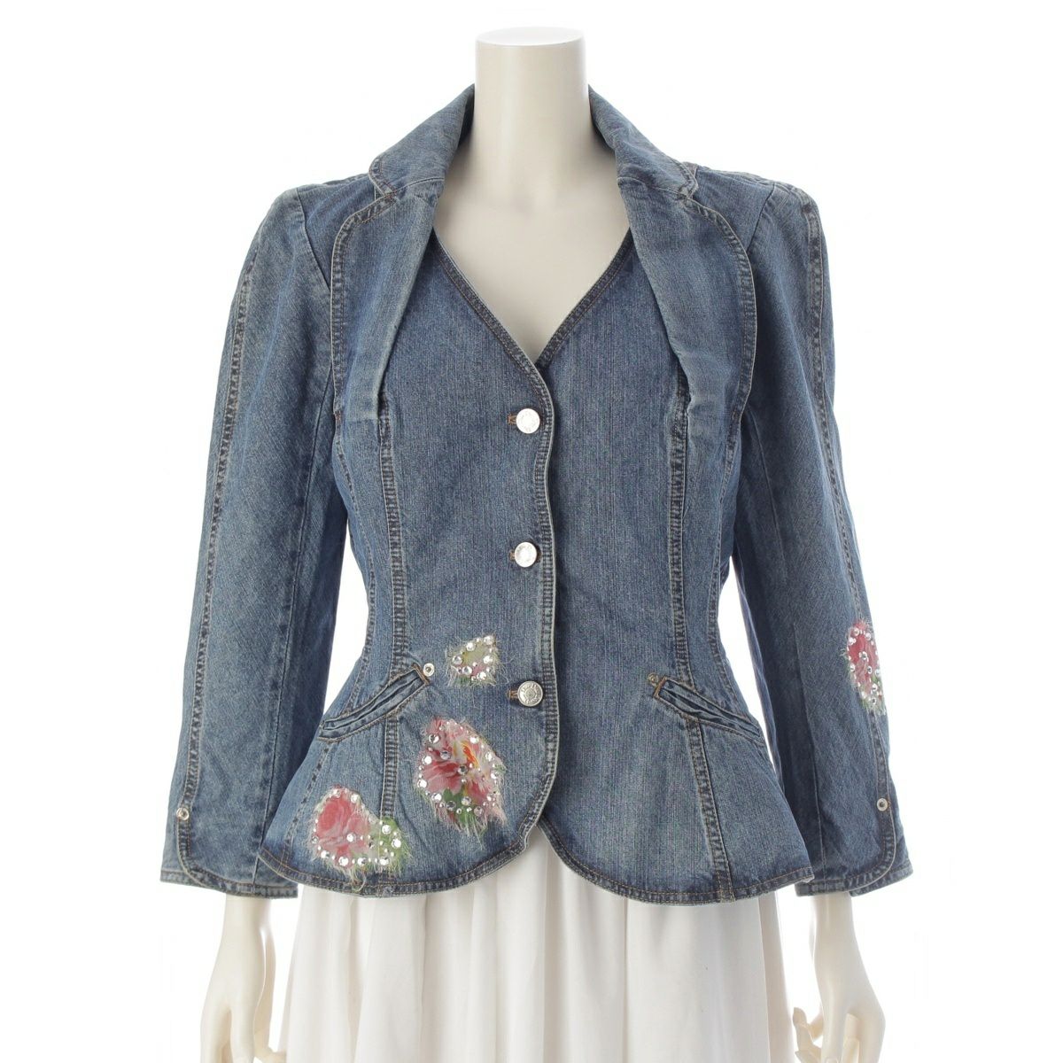 クリスチャンディオール ガリアーノ期 ビジュー フラワー デニムジャケット アウター 5P12022303 ブルー 42