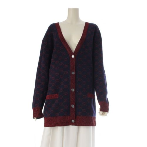 グッチ ウール インターロッキングG ラメ ニット カーディガン トップス 605910 ネイビー レッド XL