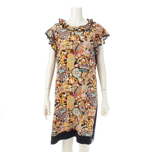 ルイヴィトン シルク ウール 総柄 プリント ニット 切替 ワンピース ドレス マルチカラー XL