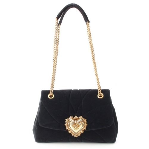 ドルチェアンドガッバーナ ディヴォーション ベロア レザー DG リボン パール チェーン ショルダーバッグ ブラック