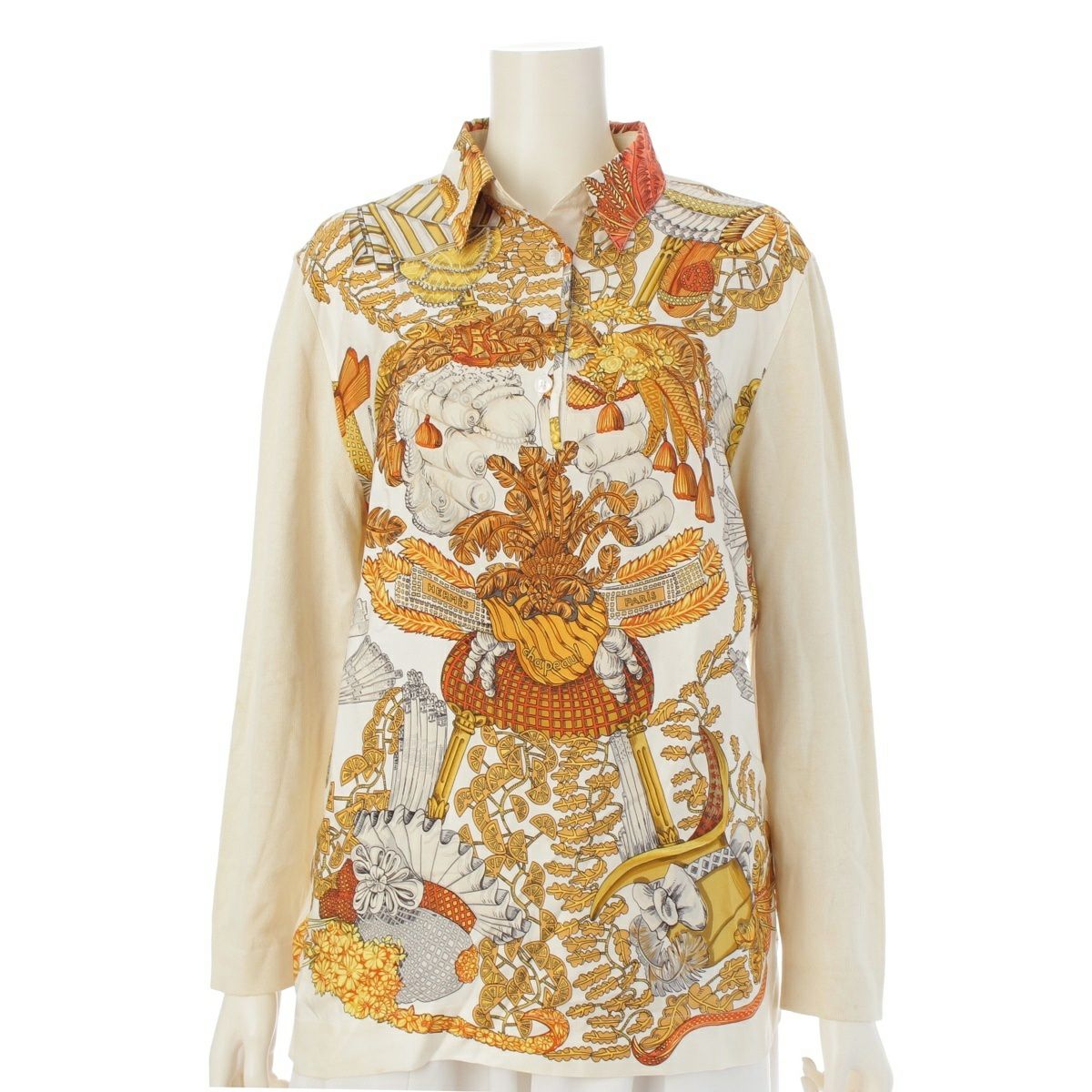 エルメス シルク コットン カシミヤ ニット 切替 プリント ポロシャツ